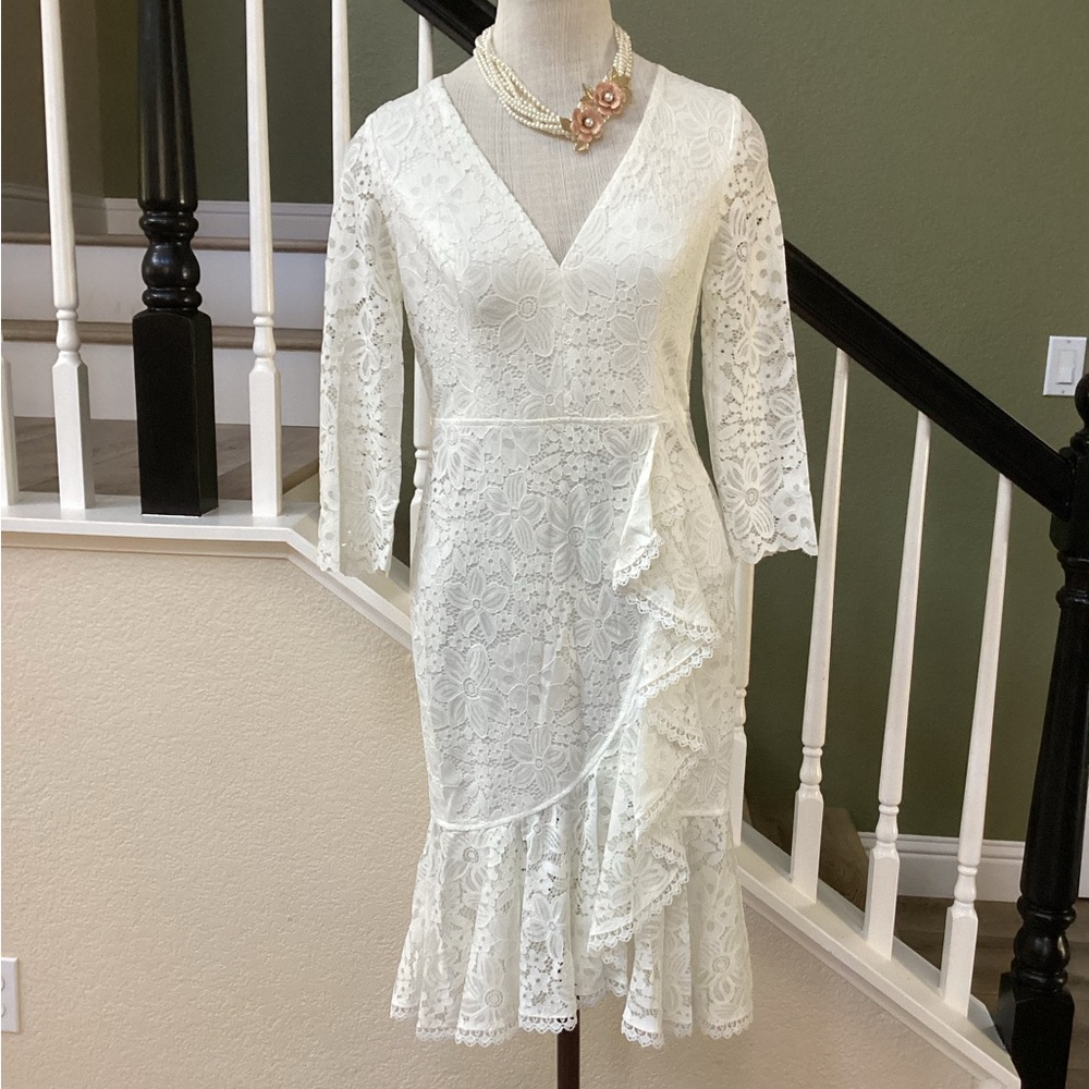New Entry Cream  Ruffled Sheath Dress with Bell Sleeves